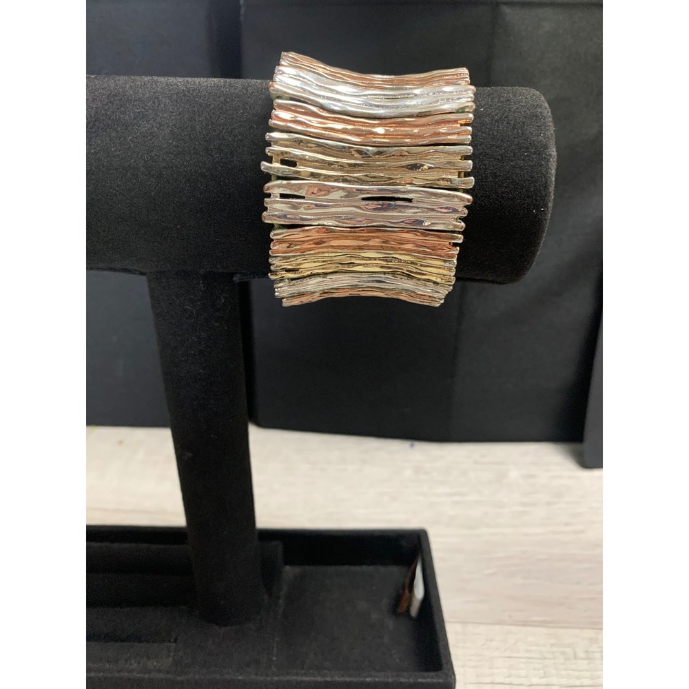 Mixedā Metal Tri-Tone Stretch Cuff Bracelet Silver Gold Rose Gold Textured Wide
